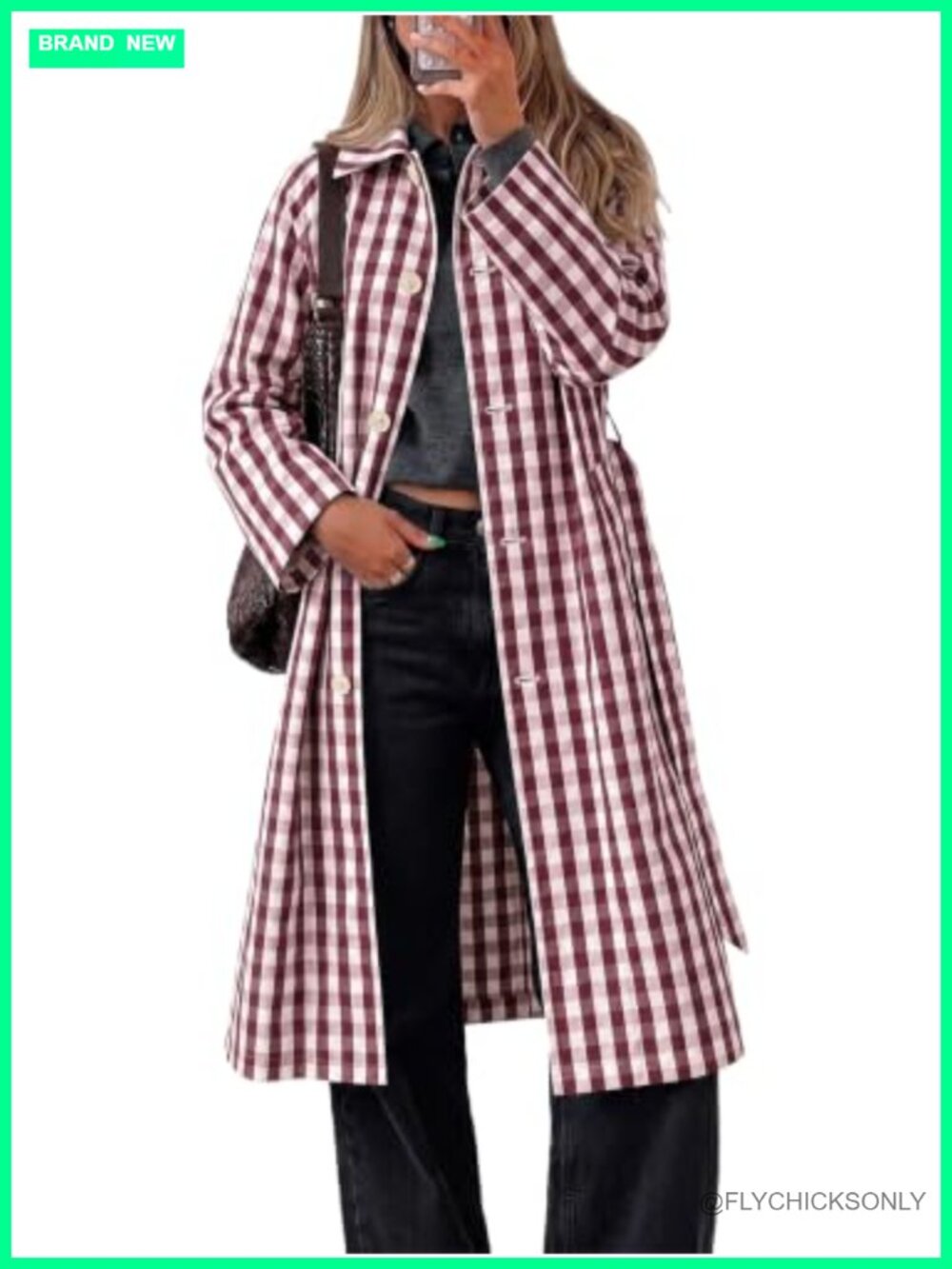 Tankaneo Women's Reversible Plaid Trench Coat Button Down Belted Windproof